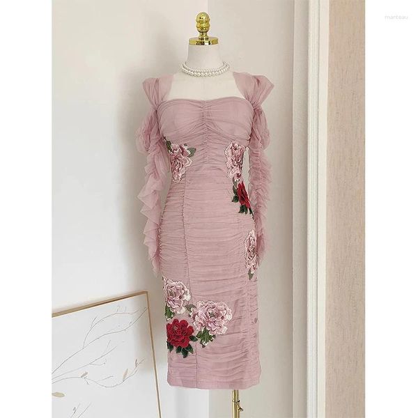 Casual Kleider Elegante Rosa Mesh Sexy Plissee Mantel Midi Kleid Mode Desiger Marke Frauen Drapierte Embroidey Blume 2023 Herbst party