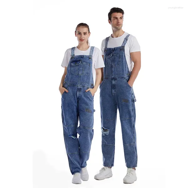 Herren-Jeans, perforiert, große Größe, Herren-Liebhaber, Denim-Hosenträger, Overalls, Baumwolle, Patchwork-Overall, zerrissene Cargo-Hosen für Damen