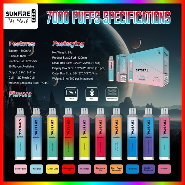 Sunfire 7000Puffs Einweg E -Zigaretten Pod -Gerät Kit 16ml Karren vorgefüllte Pods Vape Big Puff 8k 9k 10k 12k vs Rnm Vapes 9000 10000 12000 Puffs Kristall Vapes auf Lager auf Lager