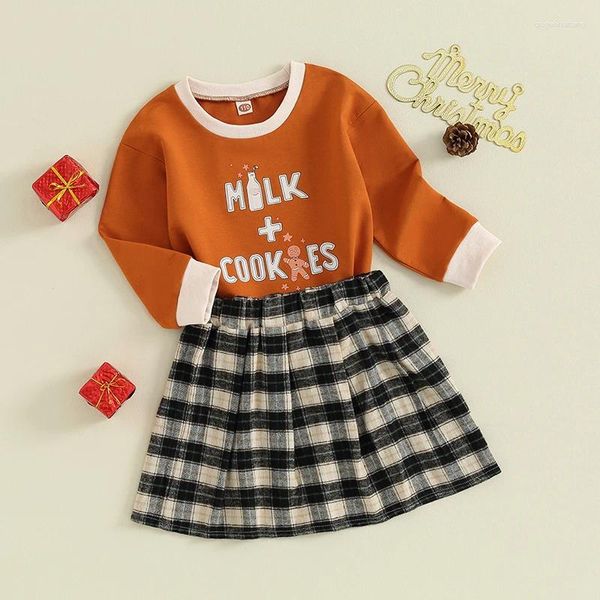 Giyim Setleri Bebek Kız 2 Parça Kıyafetler Sonbahar Noel Kıyafetleri Mektup Baskı Uzun Kollu Sweatshirtler ve Elastik Bant Ekose A-line Etek