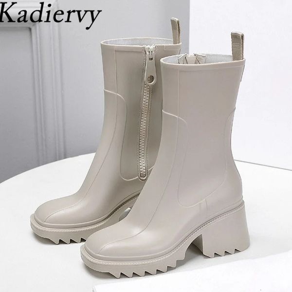 Regenstiefel mit quadratischen Absätzen, Damen-Regenstiefel aus Gummi, wasserdicht, für Damen, quadratische Zehen, klobige High Heels, Runway-Regenstiefel für Damen, 231030