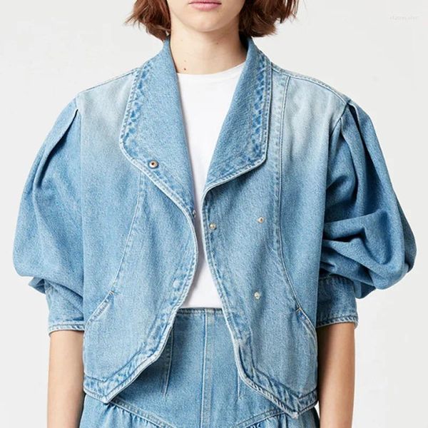 Damenjacken 2023 Herbst verdeckter Knopf Revers Puffärmel lose kurze blaue Jeansjacke Top für Frauen