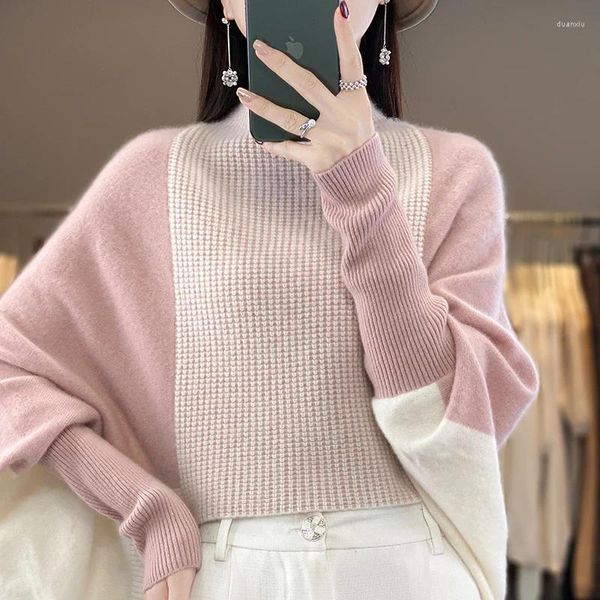 Женские свитера BELIARST 2023, одежда с высоким воротником, цветной контрастный свитер, вязаный пуловер из мериносовой шерсти, джемпер, рубашка «летучая мышь» B-8834