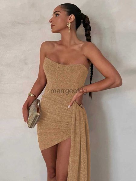 Grundlegende Freizeitkleider, Khaki, trägerloses Minikleid, 2023, Sommer, Schwarz, helle Seide, Korsett, figurbetontes Kleid für Frauen, sexy rückenfreie Abendparty, Club-Outfits YQ231030