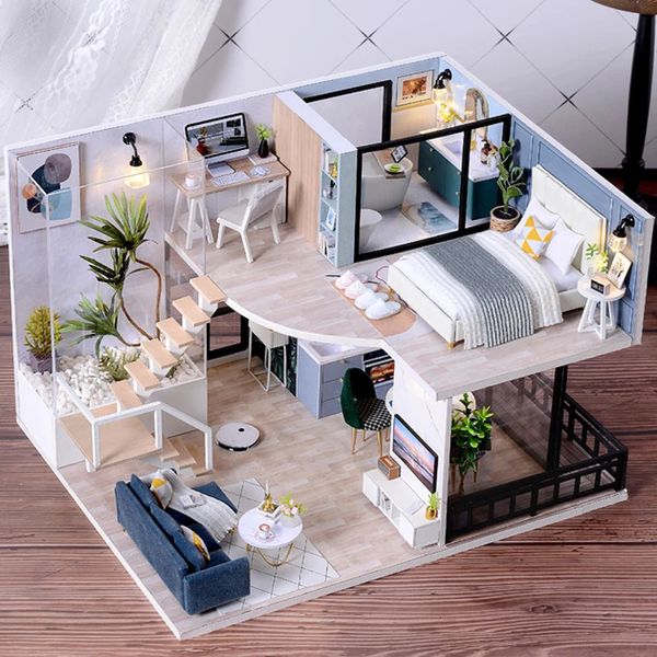 Casa de boneca acessórios kit 3d de madeira mini montagem edifício com móveis brinquedos presente aniversário das crianças diy artesanal jigs 231030