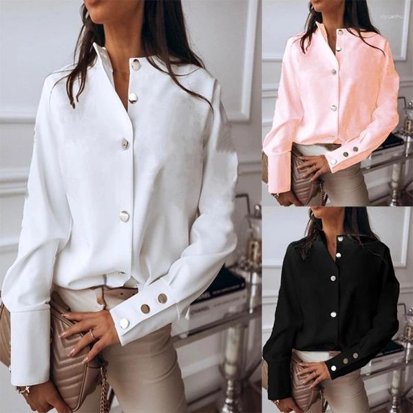 Camicette da donna 2023 Primavera Autunno Moda Lady Camicetta monopetto Colletto alla coreana Camicia a maniche lunghe Ufficio Tunica Camisas De Mujer