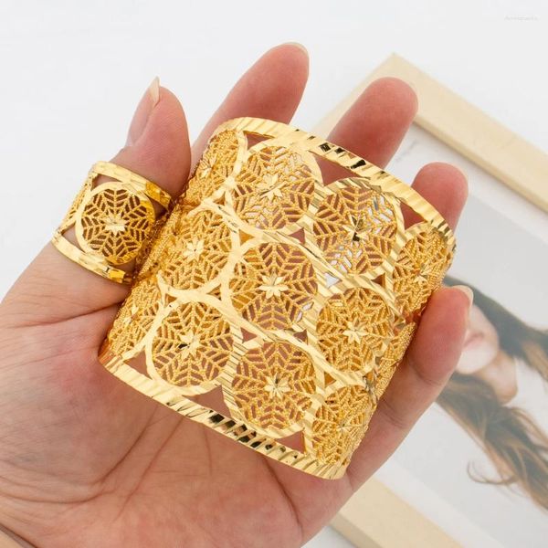 Colar brincos conjunto dubai ouro cor pulseira e anel para noiva com dedo arábia saudita noivado oco para fora presente