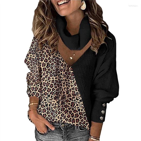 Женские свитера, женский весенний шарф с воротником, винтажный пуловер с леопардовым принтом и цветными блоками, 2023, вязаный топ с v-образным вырезом, осенний повседневный свитер
