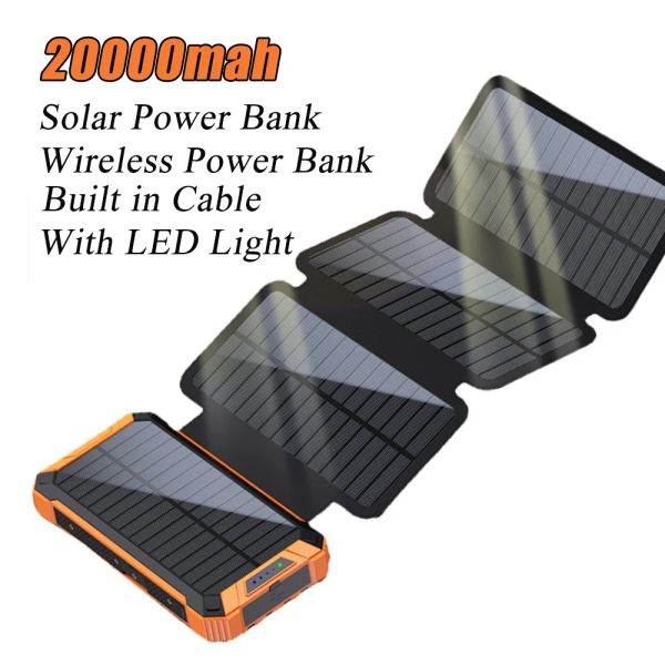 Power Bank 20000mAh Açık Güneş Enerjili Powerbank, Şarj Kablosu ile LED LED Işık Kablosuz Peşer Bank İPhone 12 13 Pro Xiaomi