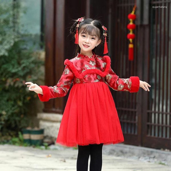 Casaco para baixo meninas parkas jaqueta de inverno crianças grosso quente parka estilo chinês casacos longos adolescente roupas vermelho 2 4 5 6 7 8 9 anos