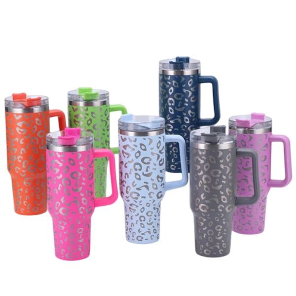 40oz leopardo impressão leopardo aço inoxidável tumbler com alça tampa laser gravado cheetah lidar com caneca copo cerveja frio tumblers 1030