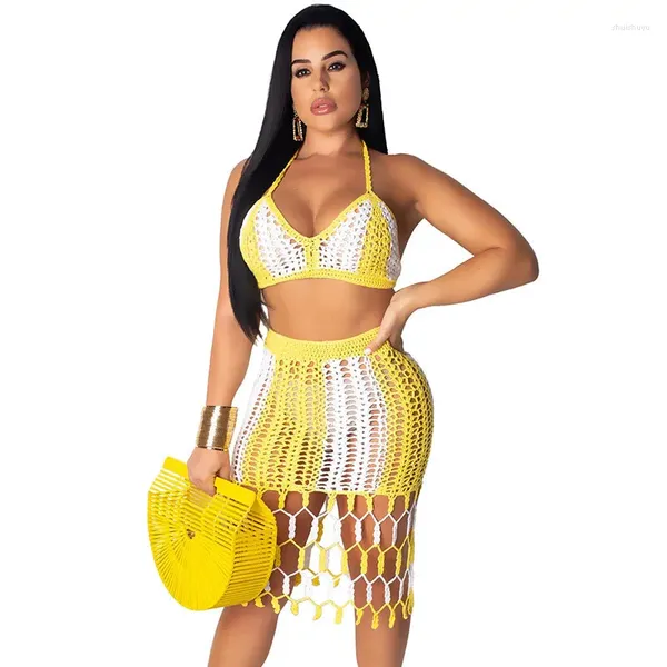 Vestidos de trabalho verão malha crochê vestido beach wear feminino conjunto de duas peças halter colheita topo e saia sexy oco para fora 2 roupas