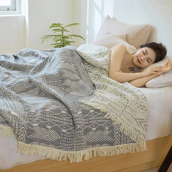 Cobertores de gaze de algodão puro, 4 camadas, musselina, borla, toalha, cobertura de cama dupla, colchas nas camas, cochilo