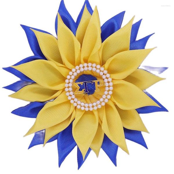 Spille Blu Giallo Nastro di raso solido Fiore Perla Greca Sociale Sigma Gamma Rho Pin Gioielli