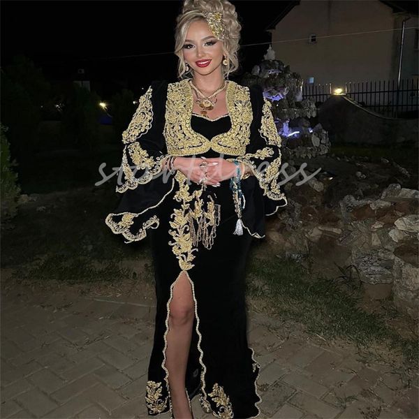 Tradicional Tunísia Argelino Karakou Vestido de Noite 2024 Preto Ouro Marroquino Kimono Prom Dress Com Fenda Manga Longa Vestidos de Festa Formal Marocain Vestidos De Festa