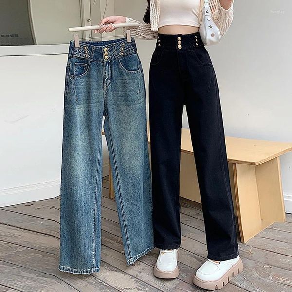 Jeans femininos primavera outono moda mulheres baggy denim calças cor sólida simples botão feminino botão solto casual diário calças retas