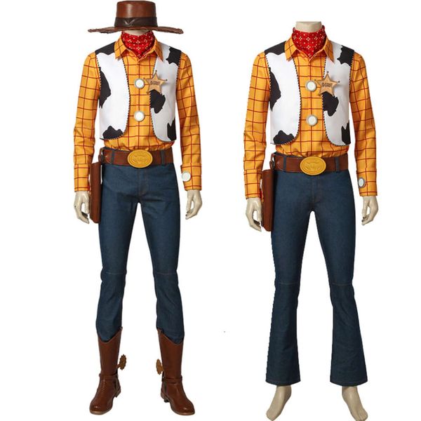 Cosplay Erwachsener Mann Spielzeug Cosplay Woody Kostüm Rollenspiel Coole Cowboy-Kleidung Ausgefallenes Halloween-Outfit Komplettset mit Hut und Stiefeln