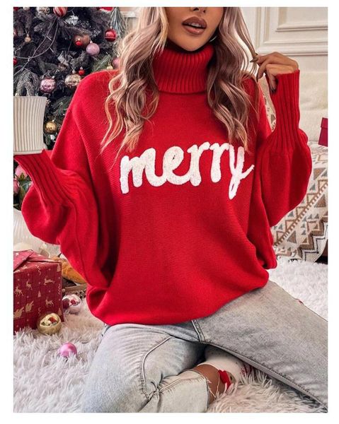 2023 Natal camisola de malha feminina gola alta manga morcego feliz pulôver moda feminina ano novo carta bordado suéteres vermelhos 2310264