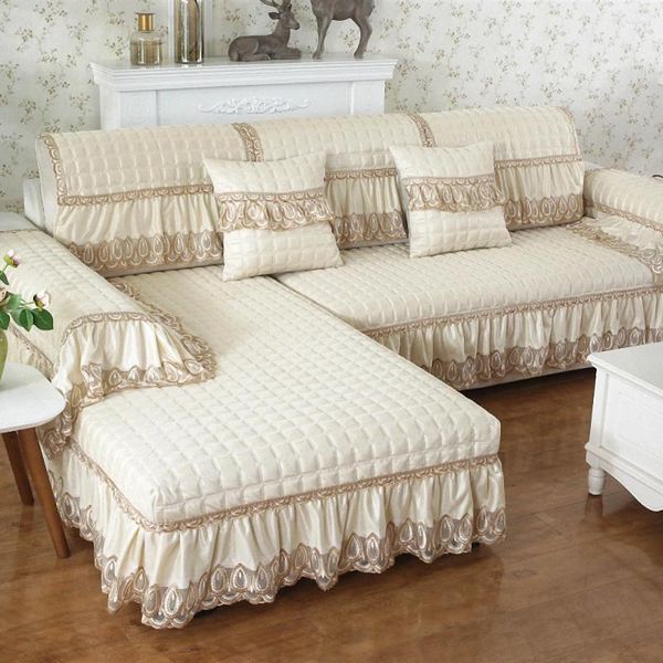 Cadeira cobre luxo bege sala de estar sofá capa de alta qualidade algodão linho renda saia móveis fronha antiderrapante slipcover