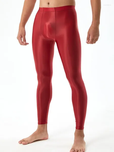 Erkek pantolon seksi erkek esnek yağ parlak sıkı kalem şekillendirme legging şeffafı capris nefes alabilen egzotik pantolon şeker rengi