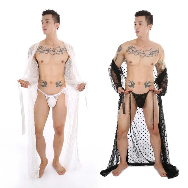 Sexy conjunto masculino rendas roupão tanga roupas sexuais pólo dança gay sissy fetiche aberto virilha roupa interior ver através de malha bodysuit 231030