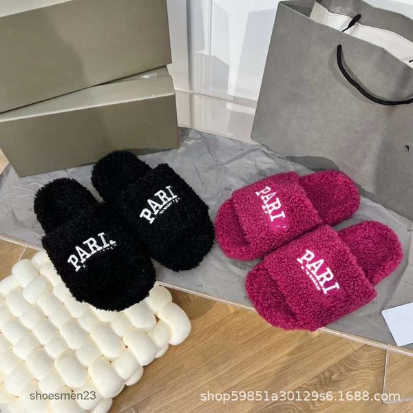 Parigi Balencaiiga Sandalo Sandali pelosi Pantofola Peluche Shearling Versione alta Donna che indossa la lettera ricamata all'esterno Scarpe nere Home