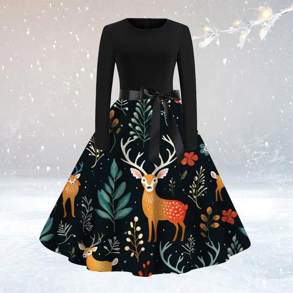 Casual Dresses Vintage Weihnachtskleid Damen Elegant Swing 50er 60er Rockabilly Xmas Party Navidad Langarm Kostüme Pinup Vestidos