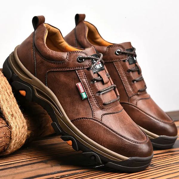 Elbise ayakkabıları erkekler çalışma deri ayakkabılar bahar dantel yukarı erkekler ayakkabı nefes alabilir retro kahverengi ayakkabılar erkekler için açık yürüyüş spor ayakkabıları 231027