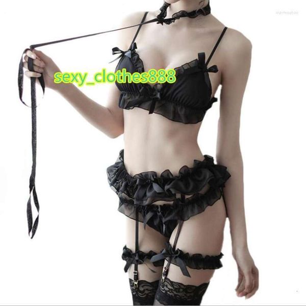 Conjuntos de sutiãs mulheres japonesas sexy preto branco chiffon lingerie conjunto lolita ruffle roupa interior calcinha bondage kawaii nightwear caitsuit