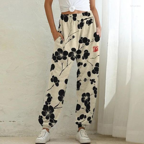 Pantaloni da donna Moda Lady Piccoli pantaloni lunghi retrò freschi Pantaloni da tasca casual femminili Autunno Inverno Donna Cherry Blossom Lino Art Pantaloni sportivi