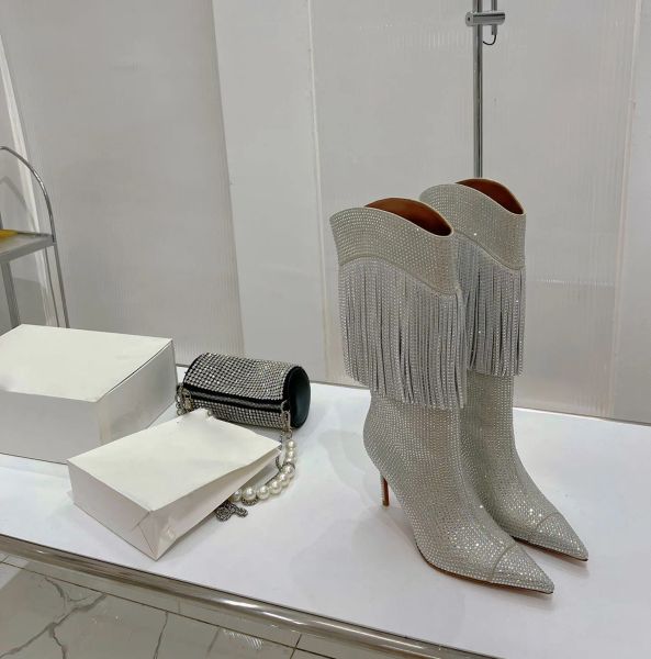 Yeni Moda Botlar Stiletto Topuklu Rhinestone Diz-yüksek Botlar Mizaç Rhinestone Fringe Boots Boots Kadın Tasarımcı Ayakkabı Fabrika Ayakkabıları