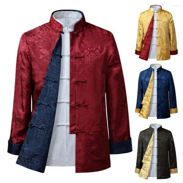 Jaquetas masculinas Tang Terno Casaco Retro Manga Comprida Reversível Camisa Chinesa Estilo Tradicional Gola Masculina Top para a Vida Diária