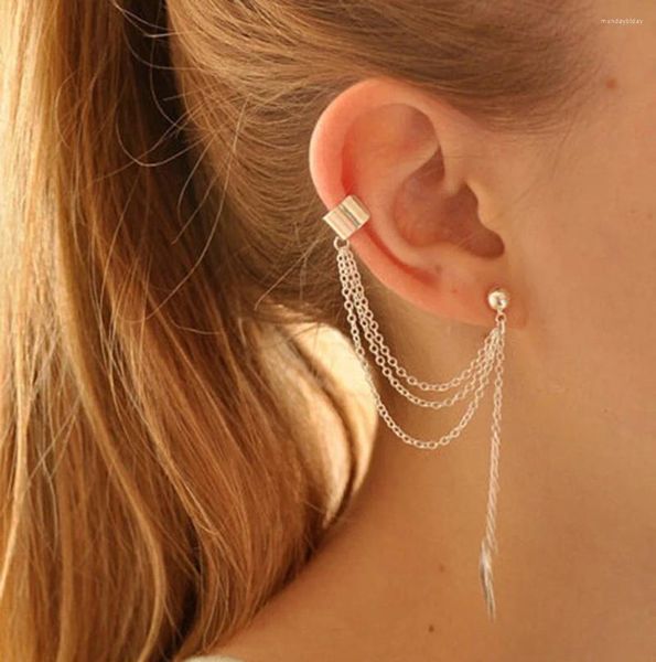 Ohrstecker Punk Quaste Frauen Integrierte Clip Ohrring Mode Trendy Elegant Blattkette Schmuck Metall Ohr