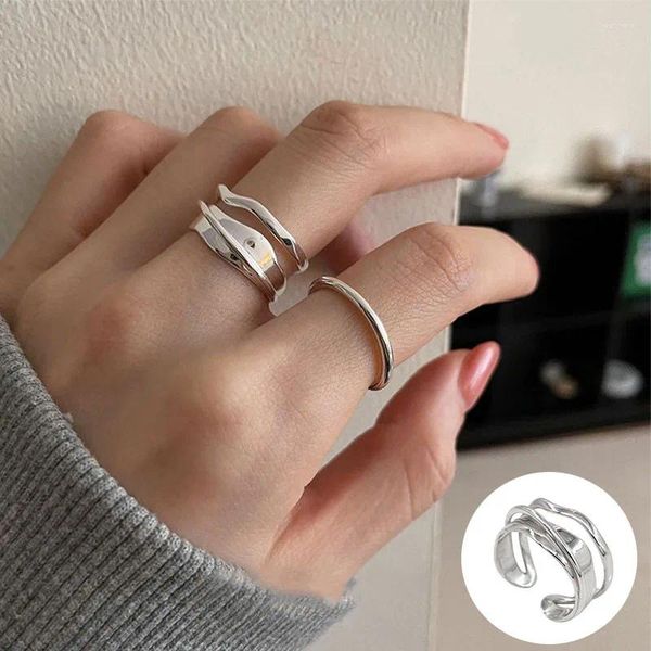 Cluster Ringe 925 Sterling Silber Welle Offen Für Frauen Mädchen Einfache Doppelschicht Glattes Design Schmuck Party Geschenk Tropfen