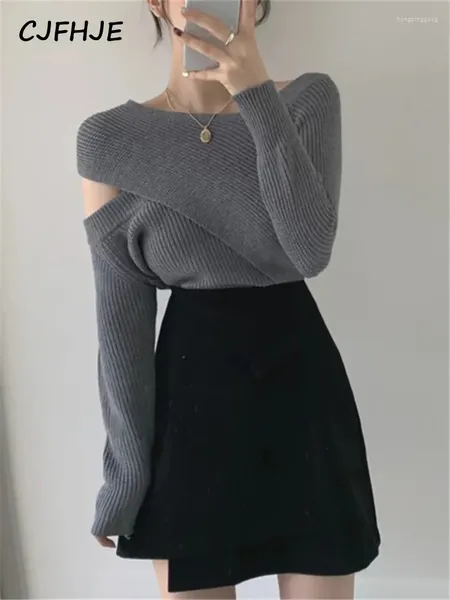 Kadın Sweaters Cjfhje Düzensiz Seksi Omuz Çapraz Siyah Örme Külepleri Kadın Gri Gri Lady Kış Bahar Kadın Kazak Tops