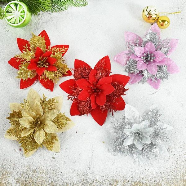 Dekorative Blumen, 5 Stück, 14 cm, Glitzer, künstliche Weihnachten, Weihnachtsbaum, Dekoration, Zuhause, Navidad, Jahr, Geschenke, Hochzeit, Party, Ornament