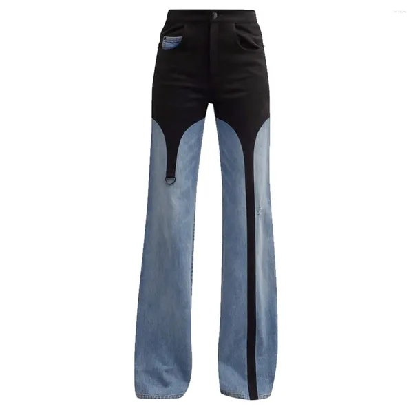 Jeans da donna Streetwear Colore incantesimo Pantaloni di jeans casual larghi irregolari a vita alta impiombati da donna