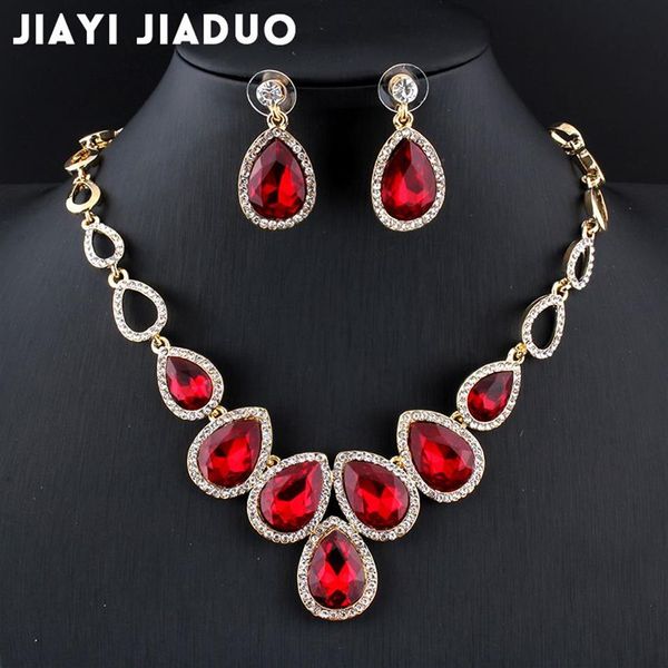 Bütün Jiayijiaduo Afrika Mücevher Seti Altın Renkli Sistem Kolye Seti ve Kırmızı Kristal Düğün Mücevherleri için Küpeler179i