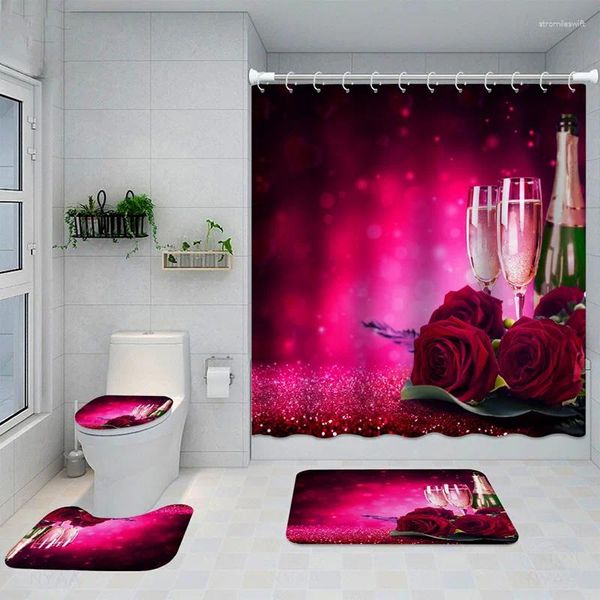 Tende da doccia QWE123 Creativo in quattro pezzi Fiore di rosa Stampa 3D Tenda da bagno in poliestere Partizione El Antiscivolo M