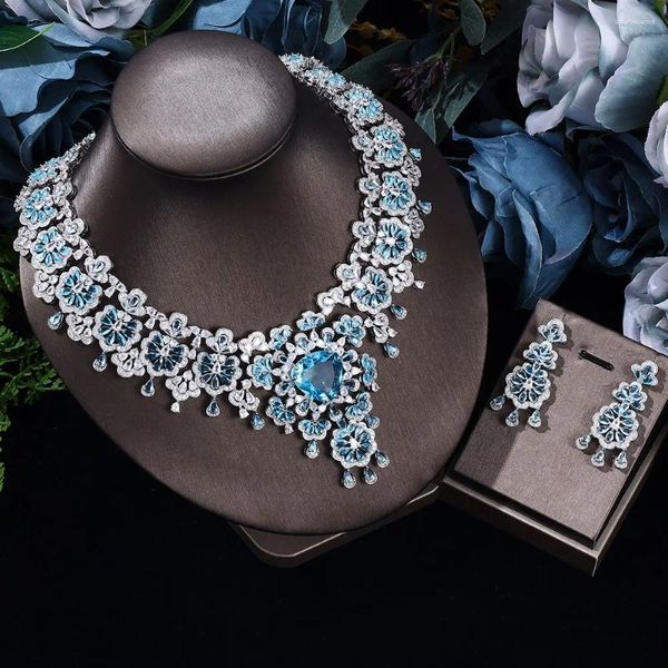 Halskette Ohrringe setzen schwere blaue kubische Zirkonia Frauen große Statement 2PCS Sets Luxus Hochzeit Brautschmuck