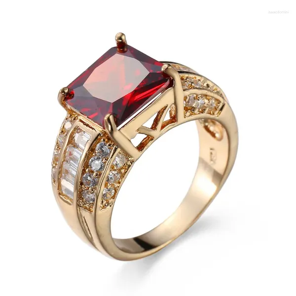 Anéis de cluster moda vermelho rubi princesa corte cúbico zircônia amarelo banhado a ouro feminino casamento noivado