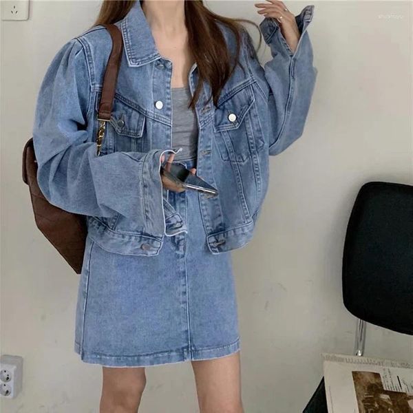 Vestidos de trabalho Moda jeans 2 peças Jackets set mulheres Saias de manga longa vintage feminino solto 2023 Autumn Winter Streetwear Y826