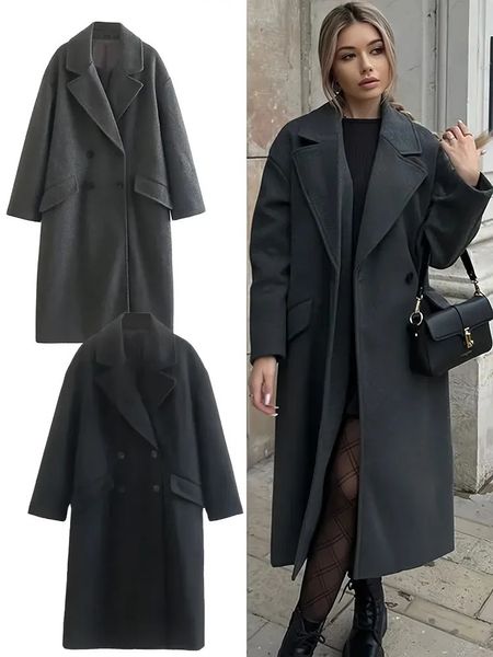 Trench da donna Autunno e inverno Cappotto di lana con bottoni grigi Giacca con tasca con maniche lunghe e retro con scollo a V addensato moda 231027