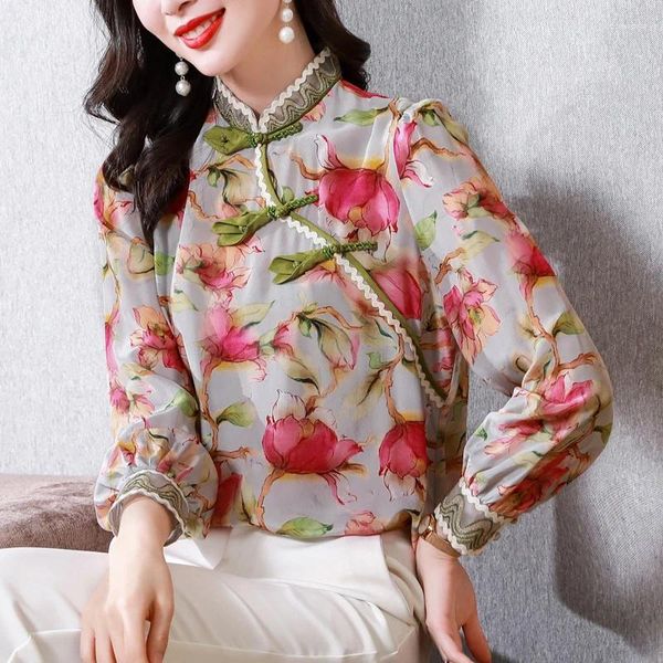 Женские блузки в стиле ретро с воротником-стойкой и пластиной на пуговицах в китайском стиле, улучшенный топ Cheongsam для женщин, с длинными рукавами, элегантный тонкий с цветочным принтом