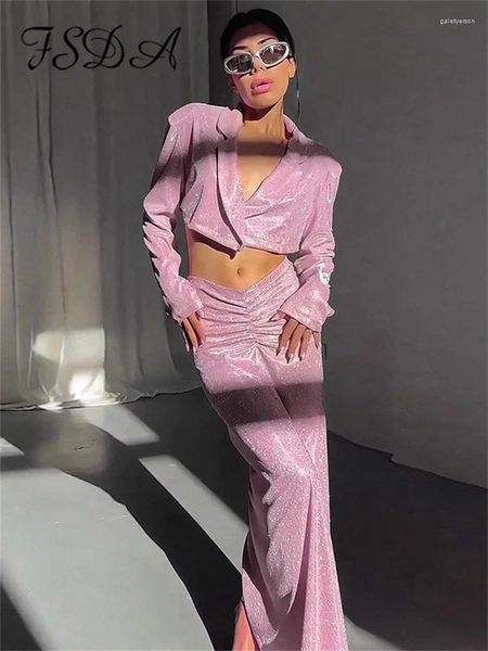 Vestidos de trabalho FSDA Glitter Manga Longa Cropped Blazer Top e Ruched Maxi Bodycon Saia Duas Peças Set Mulheres Outono Inverno Sexy Elegante