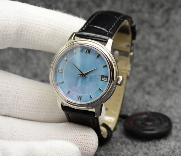 De Ville Prestige Uhr, automatisch, mechanisch, blaues Zifferblatt, Lederarmband, Datum, Saphirglas, 32 mm, Damen-Armbanduhr 2813