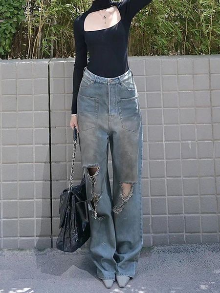 Jeans da donna Y2k Primavera / estate Lavato vescicante Tinto in fango Taglio a coltello Jeans in cotone danneggiato2023 Pantaloni dritti larghi a vita alta alla moda