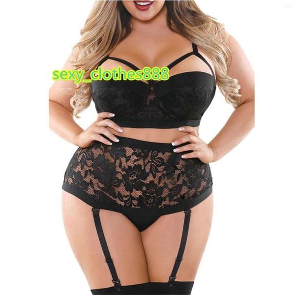 Set di reggiseni da donna Set di lingerie taglie forti Intimo cavo Corsetto di pizzo trasparente Indumenti da notte Con spalline Intimo per donna