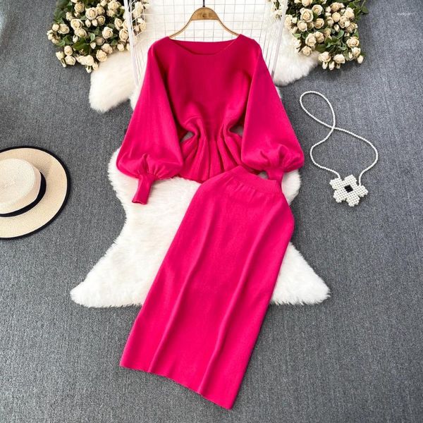 Vestidos casuais mulheres vintage malha duas peças saia conjuntos lanterna manga longa o pescoço blusa e cintura alta envoltório de quadril completo