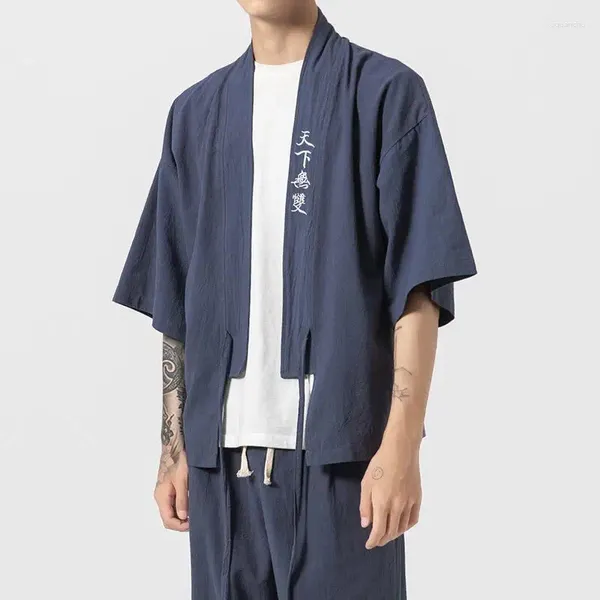 Roupas étnicas 4 Cores Moda Japonesa Algodão Linho Kimono Camisa Yukata Homens Samurai Texto Bordado Jaqueta Cardigan Online Loja Chinesa